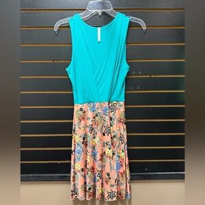 Solgee USA Teal & Floral Colorblock Sleeveless Dress S